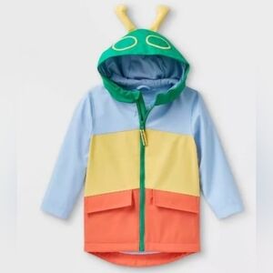 Cat & Jack Caterpillar Raincoat Hooded Waterproof Jacket Boy Girls Blue Green 2T